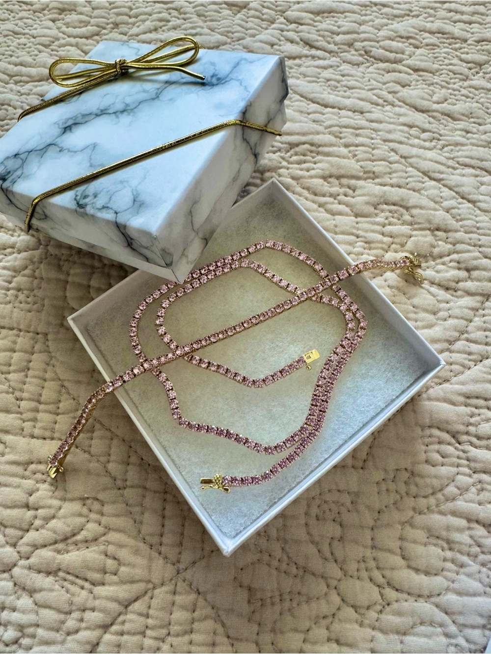 Pink Crystal Tennis Necklace Set - Elegant Women's Jewelry